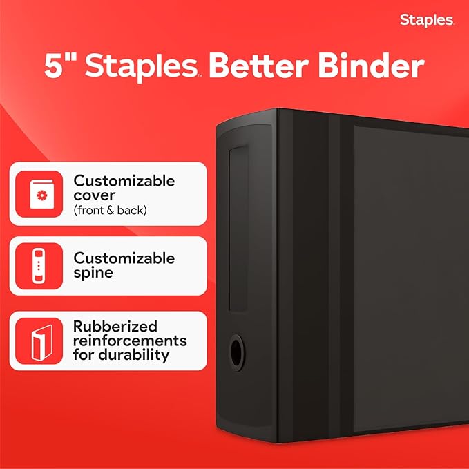 Staples Better Binder, 5" D-Ring, Black – Heavy-Duty 3-Ring Binder with Reinforced Spine, Holds 1050 Sheets for High-Capacity Storage