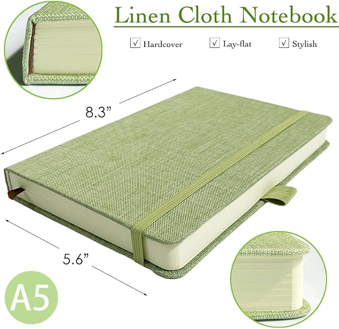 ipoul A5 Notebook, Linen Journal, 8x6, Lined Page, Journal for Writing, Hardcover, Lay Flat, Elastic Closure & Pen Loop, Green