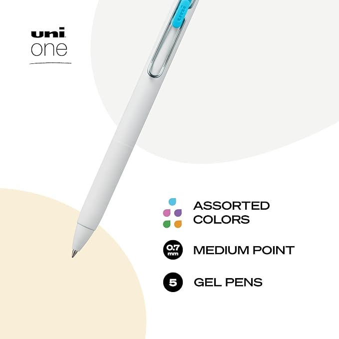 uniball™ one Gel Pens, Medium Point (0.7mm), Black and Blue Ink, 5 Pack | Ink stays on top of paper fibers for crisp vivid lines, wire pocket clip, color indicator top, smooth barrel & rubber grip