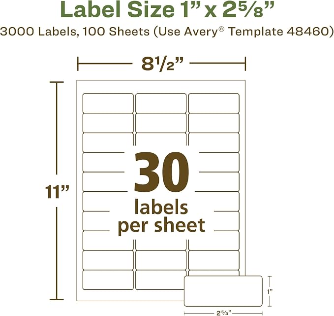Avery EcoFriendly Recycled Address Labels, 1" x 2-5/8", White, Permanent Label Adhesive, 3,000 Printable Labels (48460)