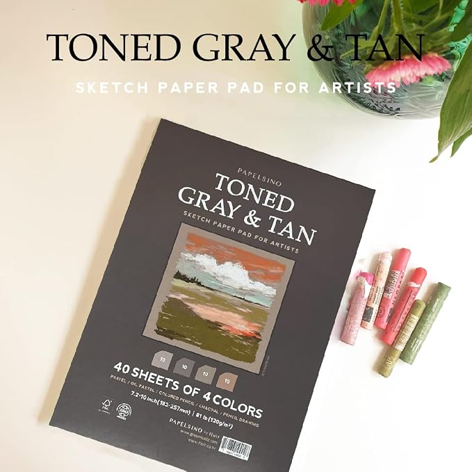 Toned Gray & Tan 4 Colors Sketchbook Paper Pad for Oil Pastel Colored Pencils Charcoal, 7.2 x 10”, f40 Sheets Papelsino