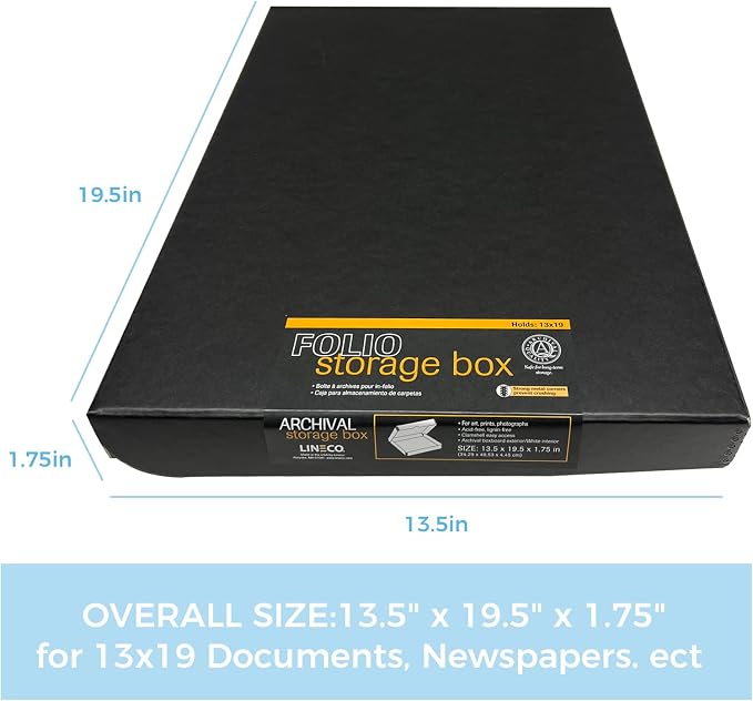 Lineco Clamshell Archival Storage Box, 13.5x19.5x1.75 Inch, Black | Acid-Free with Metal Edge Boxboard, Organize and Store Photos Documents Cards Negatives Magazine Prints Family Records DIY