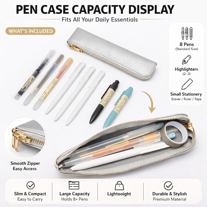 Slim Pencil Case Small Pencil Pouch Pen Case (Pearl Silver/FL)