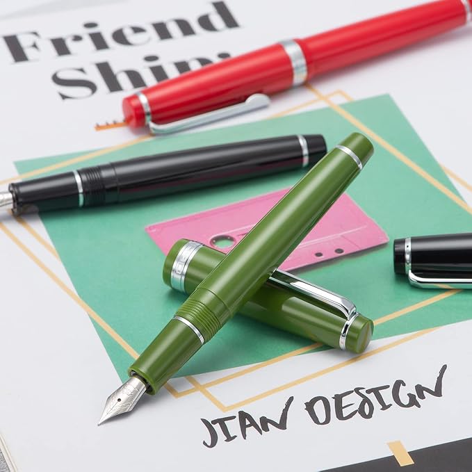 Jinhao 82 Black Acrylic Fountain Pen, Iridium Medium Nib Classic Design Smooth Writing Pen with Ink Converter (Silver Trim)
