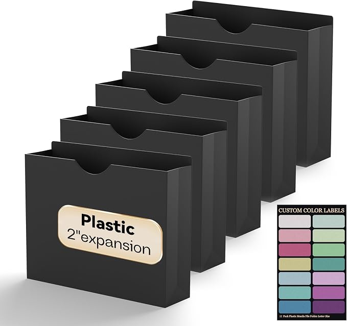 2 Inch Expandable File Jackets Letter Size,Plastic Manilla Folders | Poly Job Folders File Jacket,Heavy Duty Expansion Pocket Files with Straight Cut Tabs,12 Pack Reinforced work folders,Black