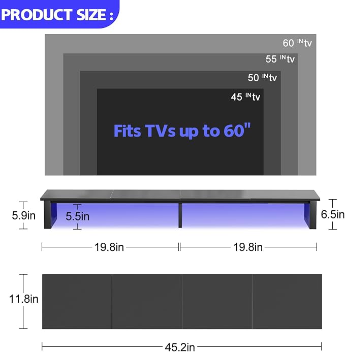 aboxoo 45" TV Riser with Light for 32-60 inch TV, TV Shelf with Steel Legs | Black TV Riser Stand with Storage, Tabletop TV Riser for Home Living Room, Study Office, Fit TV, Monitor, Laptop