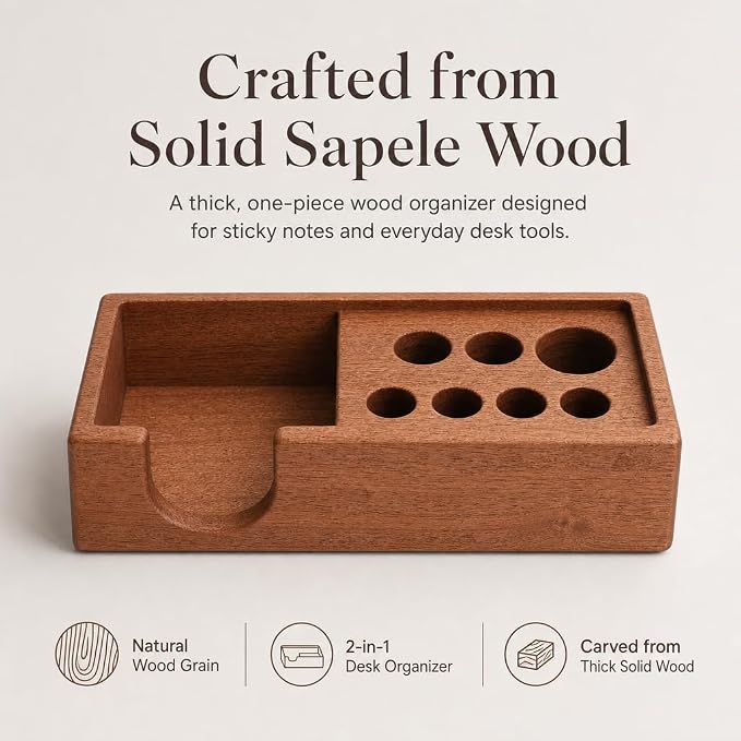 Wood Pencil Holder Pen Display Stand 3x3 Inch Sticky Note Holder | Elegant Post It Note Holder Notepad Dispenser Desk Organizer with Pen Slot for Sticky Notes, Pens, Scissors and Small Tool