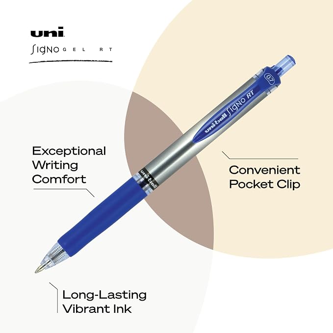 uniball Signo Gel Pen, Retractable, Medium 0.7 Mm, Blue Ink, Blue/metallic Accents Barrel, Dozen (Pack of 144)