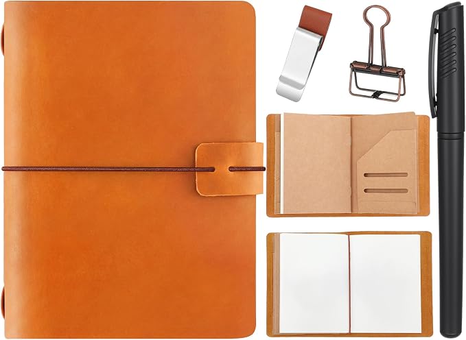Thenshop Travelers Refillable Leather Journal Notebook Travel Diary Handmade Passport Travelers Journal for Men and Women with 3 Notebook Inserts, Pen Holder, Binder Clip (Light Brown,Passport Size)