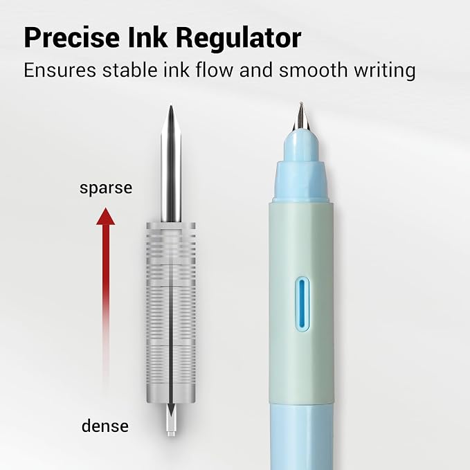 WRITECH Soft Grip Fountain Pen: Black Ink Fine Nib Pen with 1 Replacement Nib Set and 3 Ink Cartridges Smooth Writing for Calligraphy Journaling Gift (Blue)