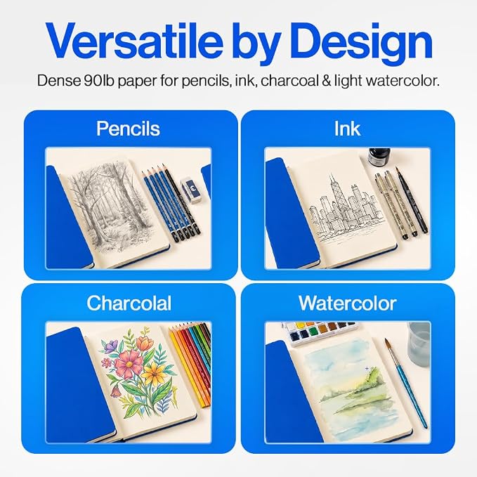 Leda Art Supply Aegean A5 Sketchbook, 160 Pages, Smooth Cream Drawing Paper, Lay-Flat Softcover with Thread-Sewn Binding, Elastic Strap & Back Pocket (5.8 x 8.3 in)