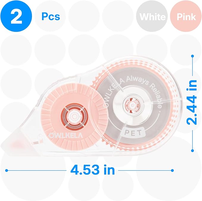 OWLKELA 2 Pack Plus Correction Tape, Tear-Resistant White Correction Tape, No Dry Time, Easy to Use, Office & School Supplies, 0.2 in Wide, 98.4 Ft, White Core, Pink Core