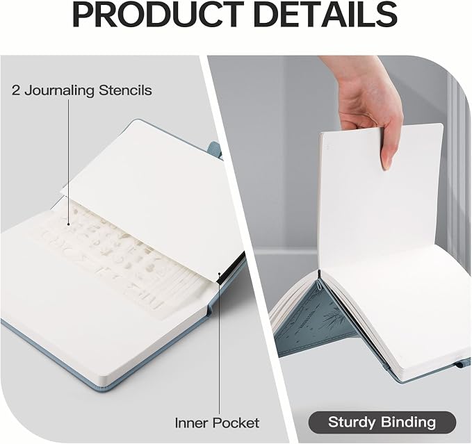 EMSHOI Blank Journal Notebook, 192 Pages, A5 Size (5.7'' x 8.3'') | Leather Hardcover, 100 GSM Thick Paper, Unlined, Plain, for Sketching, Drawing, Painting, Sun Debossed (Gray Blue)