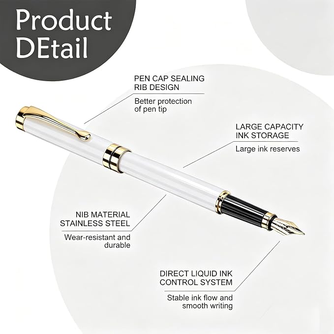 Tiankool Luxury Fountain Pen,Fine Nib, Exquisite Pen Gift Set for Men&Women-Includes 10 Ink Cartridges&Ink Converter- Nice Pens - White