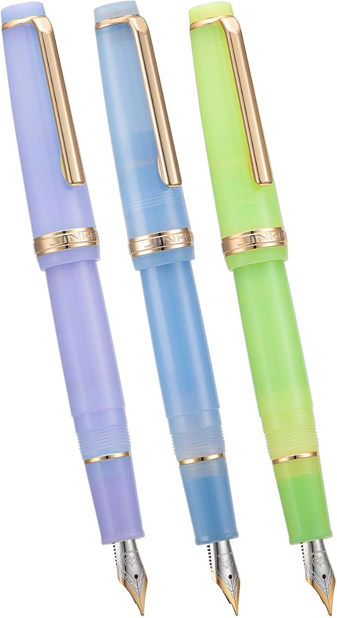 3 Jinhao 82 Fountain Pen Transparent Purple, Blue and Green Acrylic, Extra Fine Point Gold Trim with Converter Set
