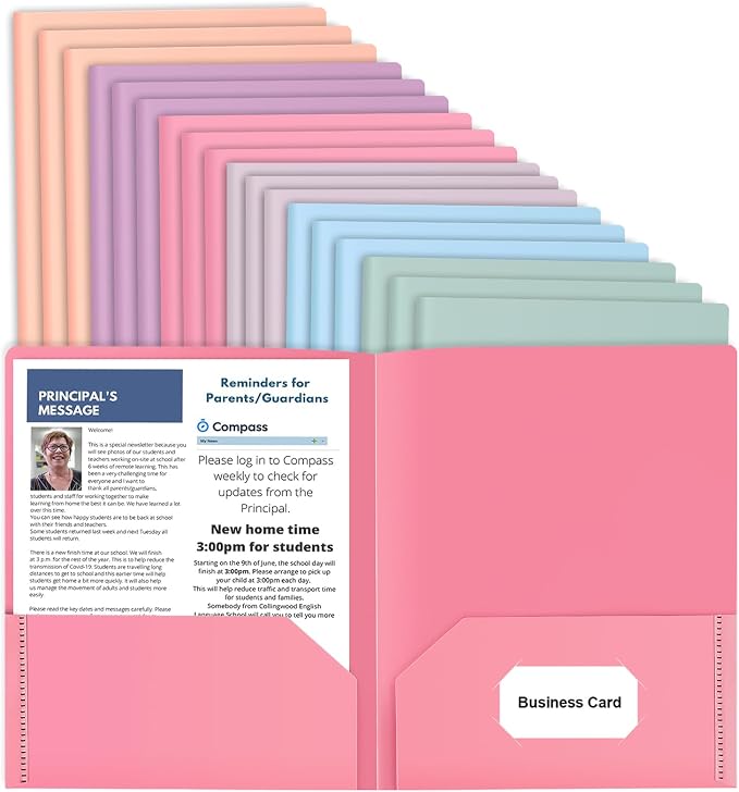 habgp 18 Pack Colored File Folders with Pockets and Business Card Holder, Pastel Decorative Pocket Folders for Documents, Cute Plastic Folders for Filing Cabinet, School, Office, Resume Portfolio
