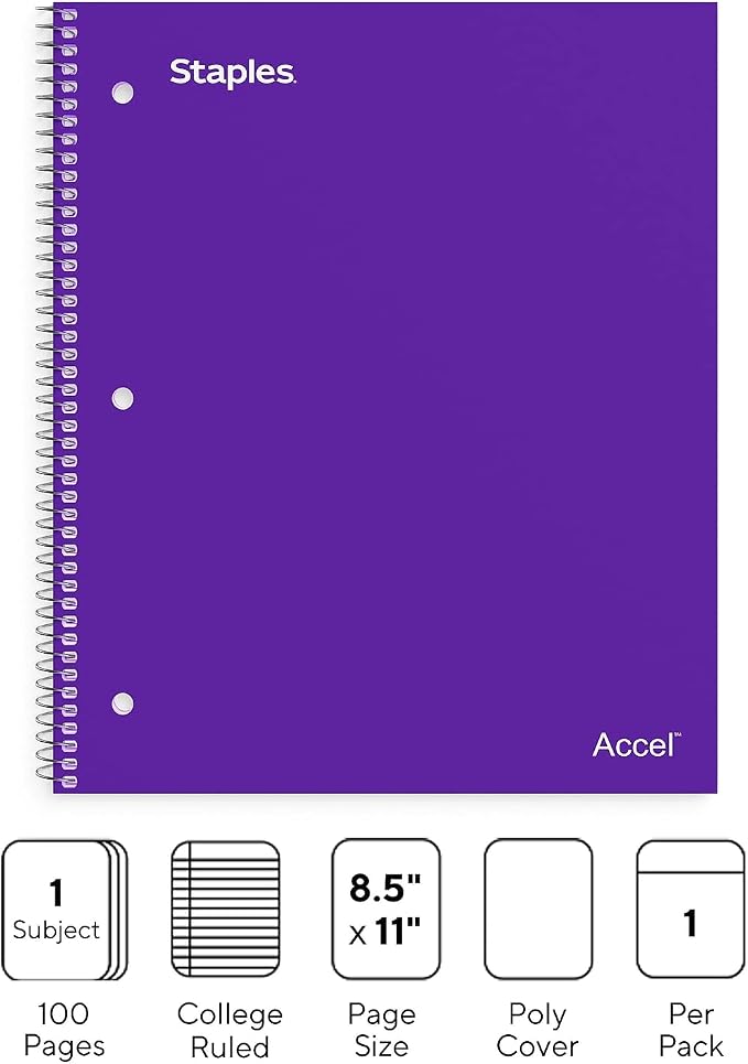 STAPLES Premium 1‑Subject Notebook, 8.5” x 11”, College Ruled, 100 Sheets, Purple, 3‑Pack