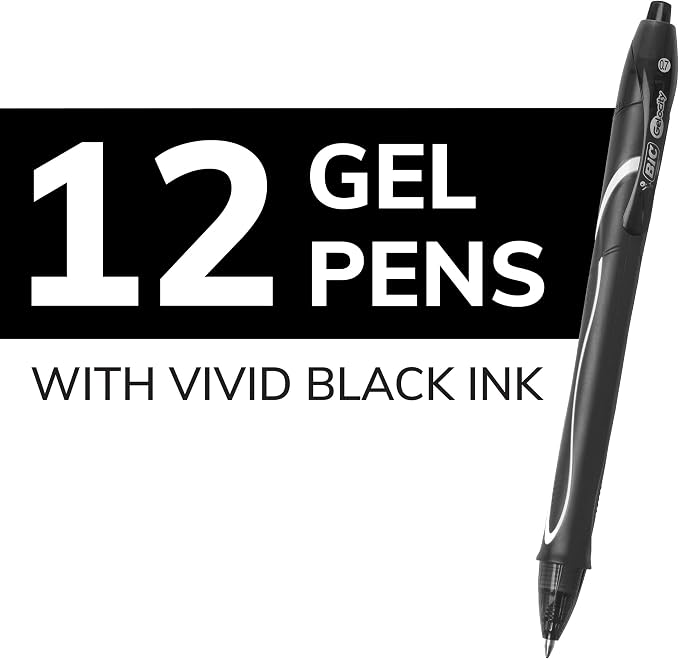 BIC Gelocity Quick Dry Black Gel Pens, Medium Point (0.7 mm), Supplies for Students and Teachers, with Full Grip, 12-Count Pack in Black