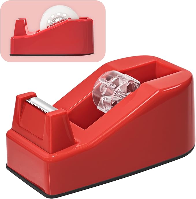 Desktop Office Tape Dispenser, Fits Standard 1-Inch Core Tapes, Weighted Non-Slip Base, Sharp Metal Blade, Smooth Cutting, Adhesive Roll Holder for Office, School, Shop, Home & Business - Red