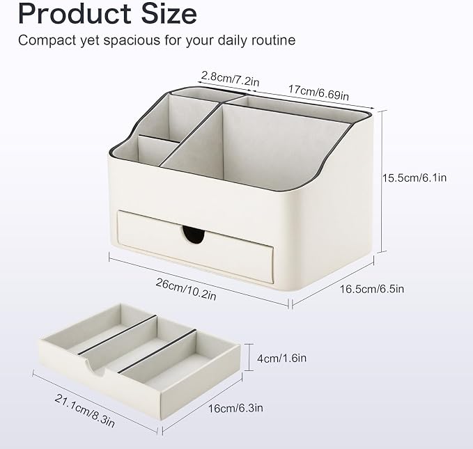 KINGFOM PU Leather Desk Organizer with Drawer, 5 Compartments Desktop Storage Caddy for Office Home Supplies, Pen Holder for Remote Control, Phone & Accessories, Mail Organizer Countertop Ivory White