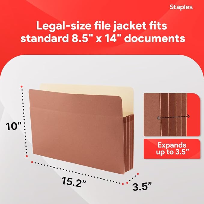 Staples Reinforced Expanding File Pockets, Legal Size, 3.5‑Inch Expansion, Heavy‑Duty Brown Accordion Folders – 25/Pack