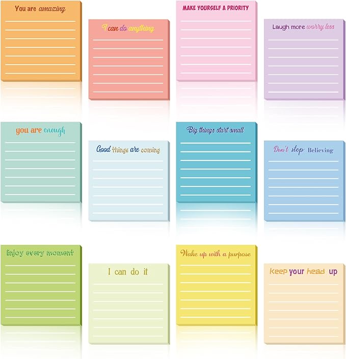 Yinder 12 Pcs Inspirational Sticky Notes, Back to School Supplies, Cute Motivational Sticky Notes Pad Employee Appreciation Gifts Bulk for Teacher Coworker Office 3 x 3'' (Inspirational,Simple)