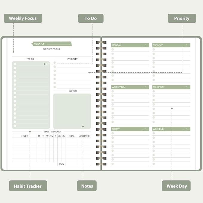 Undated Weekly Planner, Weekly To Do List Notebook, A5 Daily Planner | Office School Supplies, Spiral Binding, Inner Pocket, Goal, Organizer, Habit Tracker