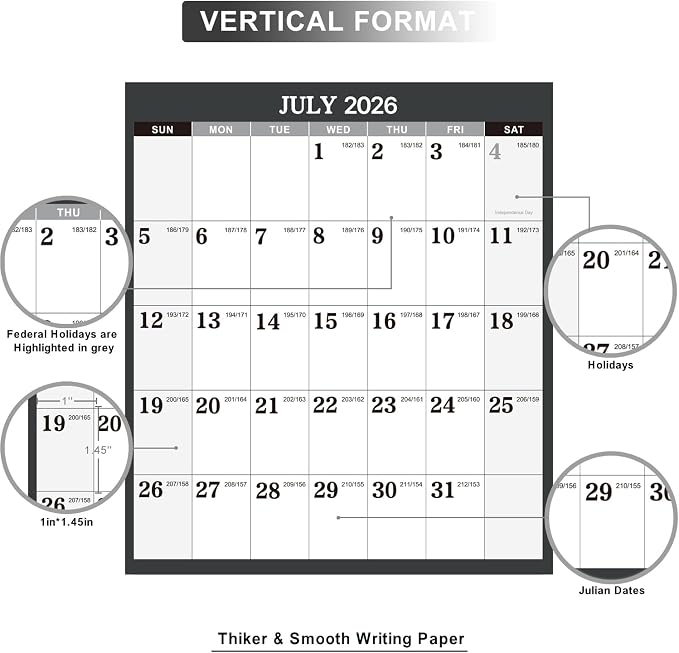 2026-2027 Yearly Wall Calendar - 26-27 Yearly Wall Calendar, Jul. 2026 - Jun. 2027, 34.3" x 22.8" (Open), Yearly Calendar 2026-2027 with Julian Date, Vertical Calendar with Premium Paper, Round & Planner Sticker, Gray