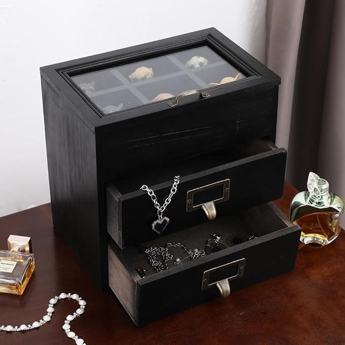 Small Wooden Drawers Wooden Box with Drawer Black | 2 Drawer Storage Box for Apothecary Cabinet, Apothecary Drawers，Desktop Organizer with Metal Handles for Office，Home