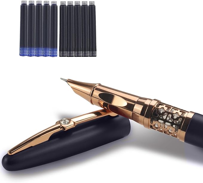 YUNCHUN Refillable Fountain Pen Fine Nib, Fancy Ink Pen with 10 Black & 10 Blue Ink Refills Cartridges, Cool Ink Pens for Writing, Business Metal, Best Gift Set for Men & Women, Blcak