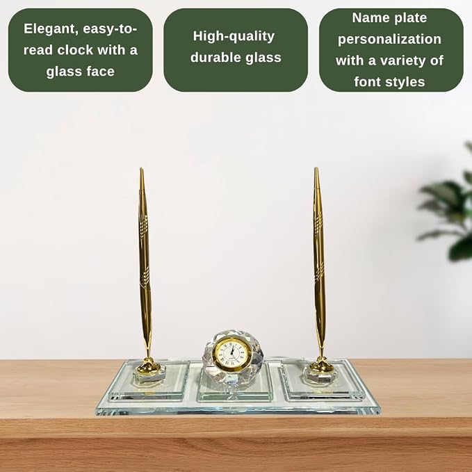 MOOGCO Modern Black Glass Desk Name Plate with Pen Holder, Clock, Cardholder - Desk Organizer