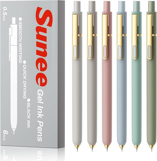 SUNEE Gel Pens, 6 Pack 0.5mm Pens Fine Point Smooth Writing Pens with Quick-Dry Black Ink, Cute Aesthetic School Office Note-Taking Pens for Journaling - Morandi