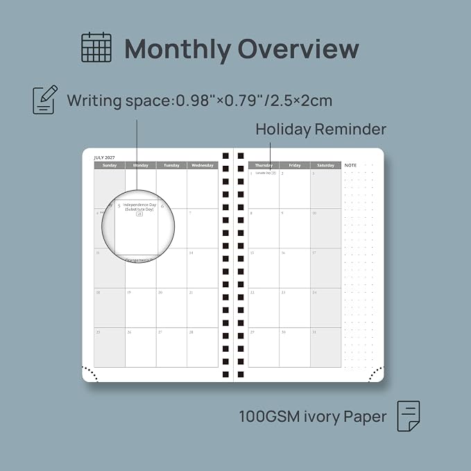 POPRUN Pocket Calendar 2027,4" x 6.25" Small Weekly Planner, Jan 2027 - Dec 2027 Appointment Book with Flexible Hardcover, Inner-pocket, Pen loop - Midnight Green