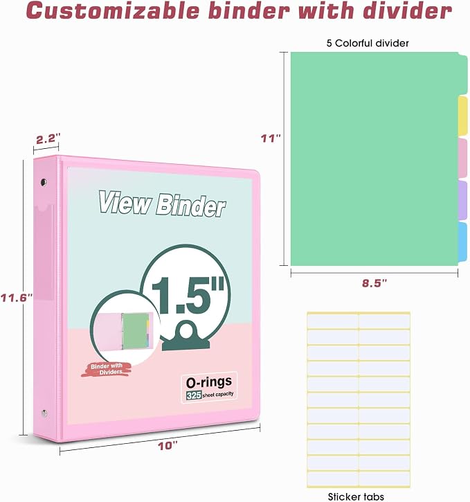 3 Ring Binder 1.5 inch，Cute Binder Organizer with 5 Tab Dividers Fits 175 Sheets of 8.5x11 Paper, Customizable Clear Cover with Inside Pockets, Aesthetic 1.5" Three Ring Binders for School Office，Pink