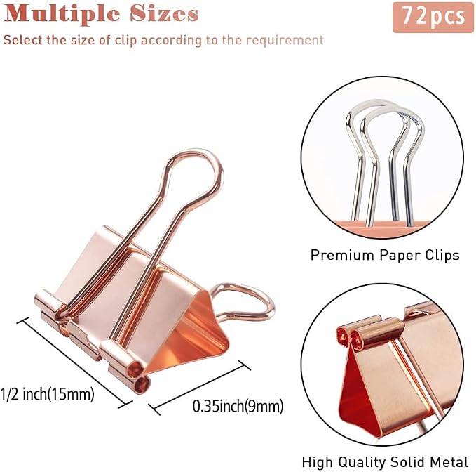 Mini Binder Clips, 120 Pack, 5/8 Inch, Standard 15mm, Rose Gold, Binder Paper Clips, Fold Clamp, Capacity 0.23 Inch, Paper Clips, Office Supplies
