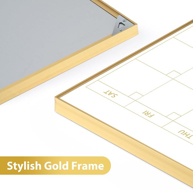 ARCOBIS Whiteboard Calendar with Cork Board, 36"x24" Magnetic White Board Calendar Dry Erase for Wall, Gold Frame Monthly Combination Board for Office, Home, School