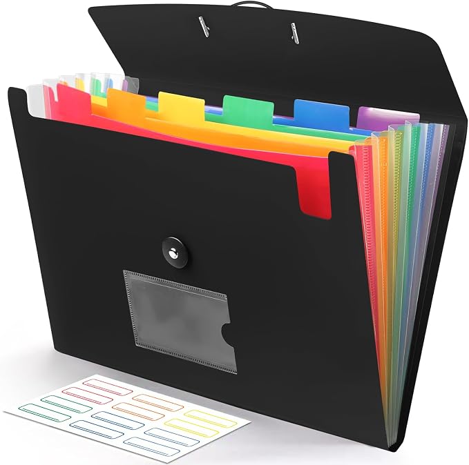Accordian File Organizer 7 Pocket Expanding File Folder with Labels, Plastic Expandable File Folder for Documents Letter Size A4 Papers - Black