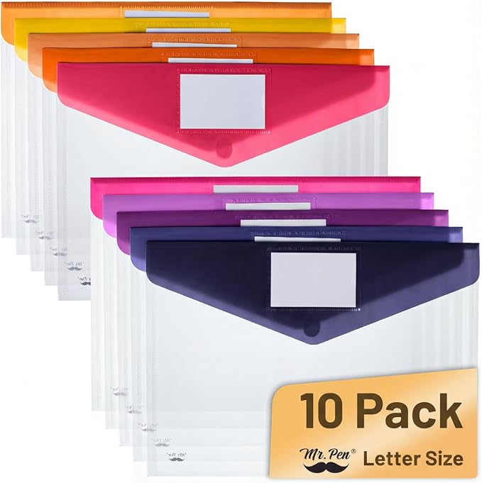 Mr. Pen- Clear Plastic Envelopes File Folders, 10 Pack, A4, Letter Size | Colorful Flaps, Clear Folders for Documents Plastic Poly Envelopes with Label for School, Home, Work, Office, Organizer