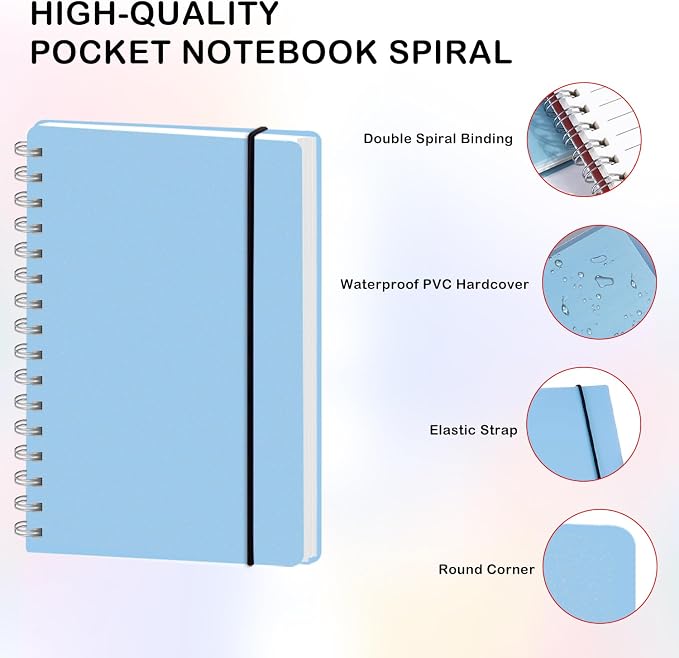 PAIKIUU 4 Pack Spiral Notebooks 5 x 7 in College Ruled, Mini Spiral Notebook, Waterproof 80 Sheets/160 Pages, Pocket Notebook with 120 Pcs Sticky Index Tabs for Home Office College School