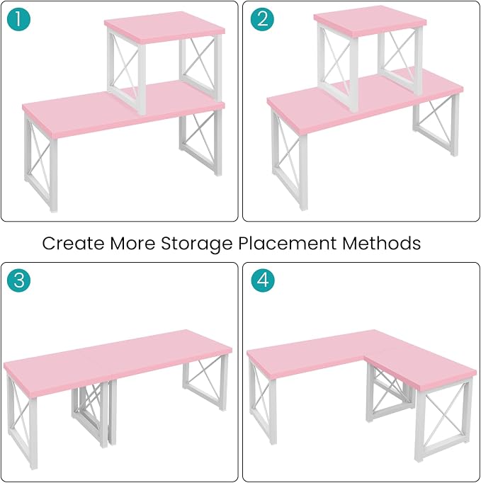 ELITEROO Desktop Shelf, 2 Tier Independent Stackable Desk Stand, Adjustable Freestanding Table Top Mini Bookshelf, Aesthetic Storage Organizers for Women/Girls/Daughter, Pink