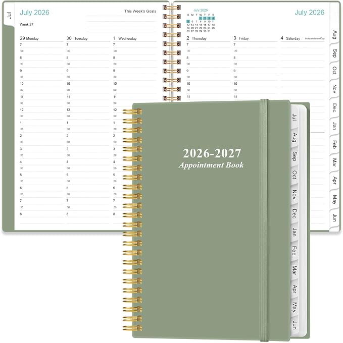 2026-2027 Appointment Book & Planner - Hourly Planner from July 2026 - June 2027, Weekly Appointment Book 2026-2027 with 30-Minute Interval, 6.4" x 8.5", Green