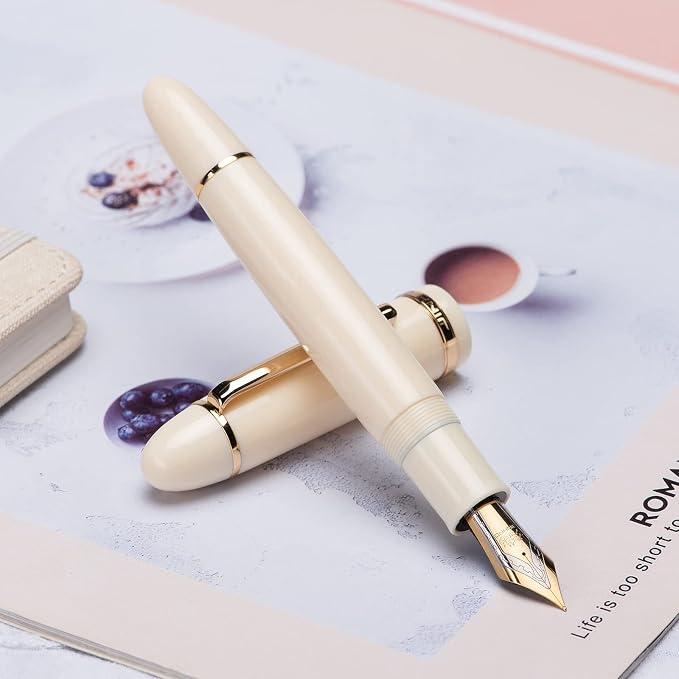Jinhao X159 Ivory White Acrylic Fountain Pen, Size 8 Medium Nib Gold Trim Classic Design Smooth Writing Pen with Converter