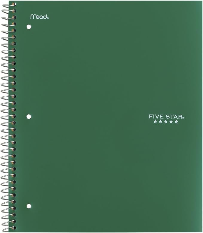 Five Star Spiral Notebook + Study App, 5 Subject, College Ruled Paper, 8-1/2" x 11", 200 Sheets, Fights Ink Bleed, Water Resistant Cover, Forest Green (72079) (Pack of 6)