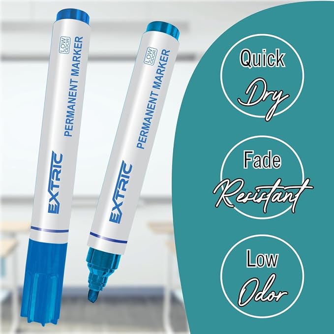 EXTRIC Permanent Markers, Chisel Tip, Blue, Quick Drying Ink, Works on Paper, wood, Plastic, metal and Glass, Great for Home, Office and School use