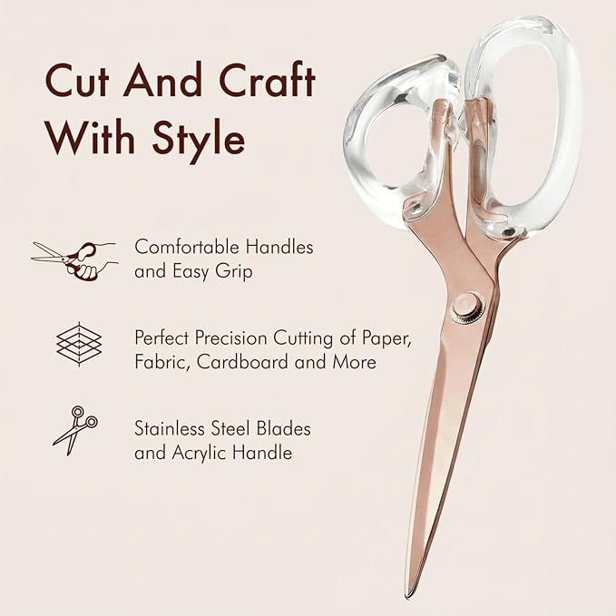 OfficeGoods 9” Stainless Steel Acrylic Scissors For Office and Home - Aesthetic and Sharp All Purpose Scissors, Perfect For Sewing, Arts and Crafts - Clear Rose Gold Metal