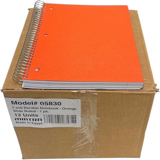 Mintra Office Durable Spiral Notebooks, 5 Subject (Orange, Wide Ruled 12pk)