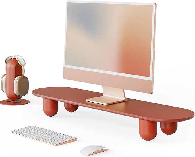 Fenge Computer Monitor Stand with Solid Beech Wood Legs, 34 Inch | Full-Red Finish Panel, 5-Min Tool-Free Assembly, Oval Monitor Riser for Art Spaces, Studios, Home Office
