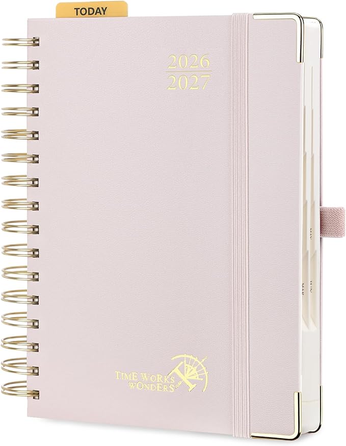 POPRUN 2026-2027 Daily Planner One Page Per Day, 5.75" x 8.5", Academic Daily Calendar Book with July 2026 to June 2027, Hardcover Appointment Book with Hourly Time Slots, Spiral Bound, Monthly Tabs - Light Pink
