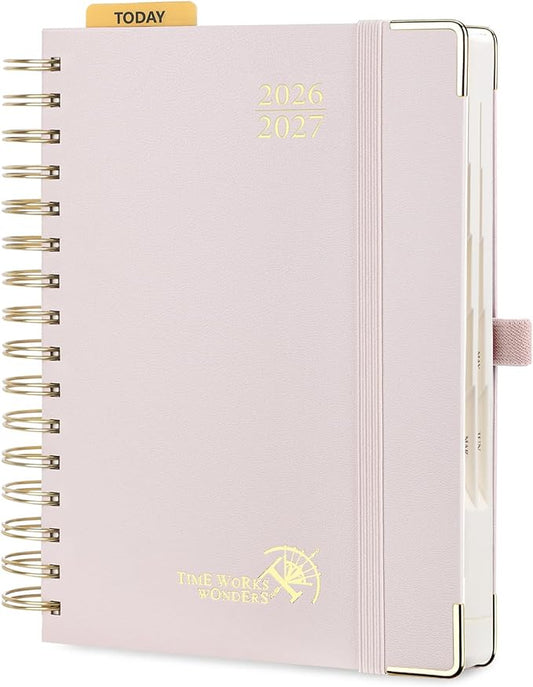 POPRUN 2026-2027 Daily Planner One Page Per Day, 5.75" x 8.5", Academic Daily Calendar Book with July 2026 to June 2027, Hardcover Appointment Book with Hourly Time Slots, Spiral Bound, Monthly Tabs - Light Pink