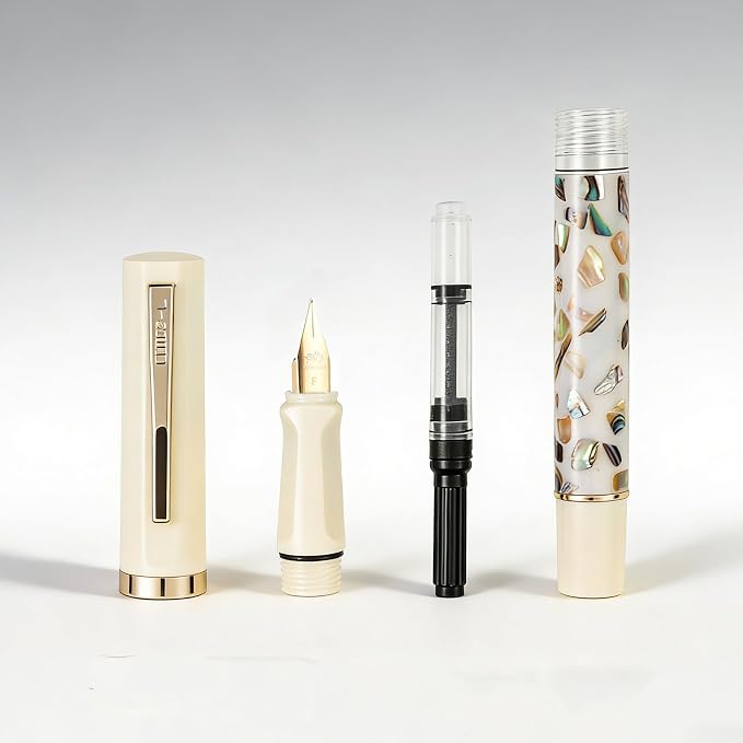 Jinhao 58 Fountain Pen Gift Set of 2 - Natural Sea Shell Inlay Fine Nib Luxury Writing Pens with Jinhao Orange Box & Ink Converters, Black & White